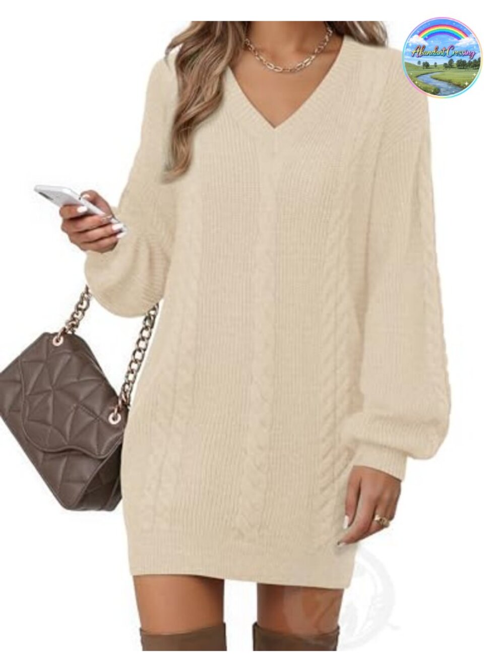V Neck Lantern Sleeve Knit Mini Sweater Dress